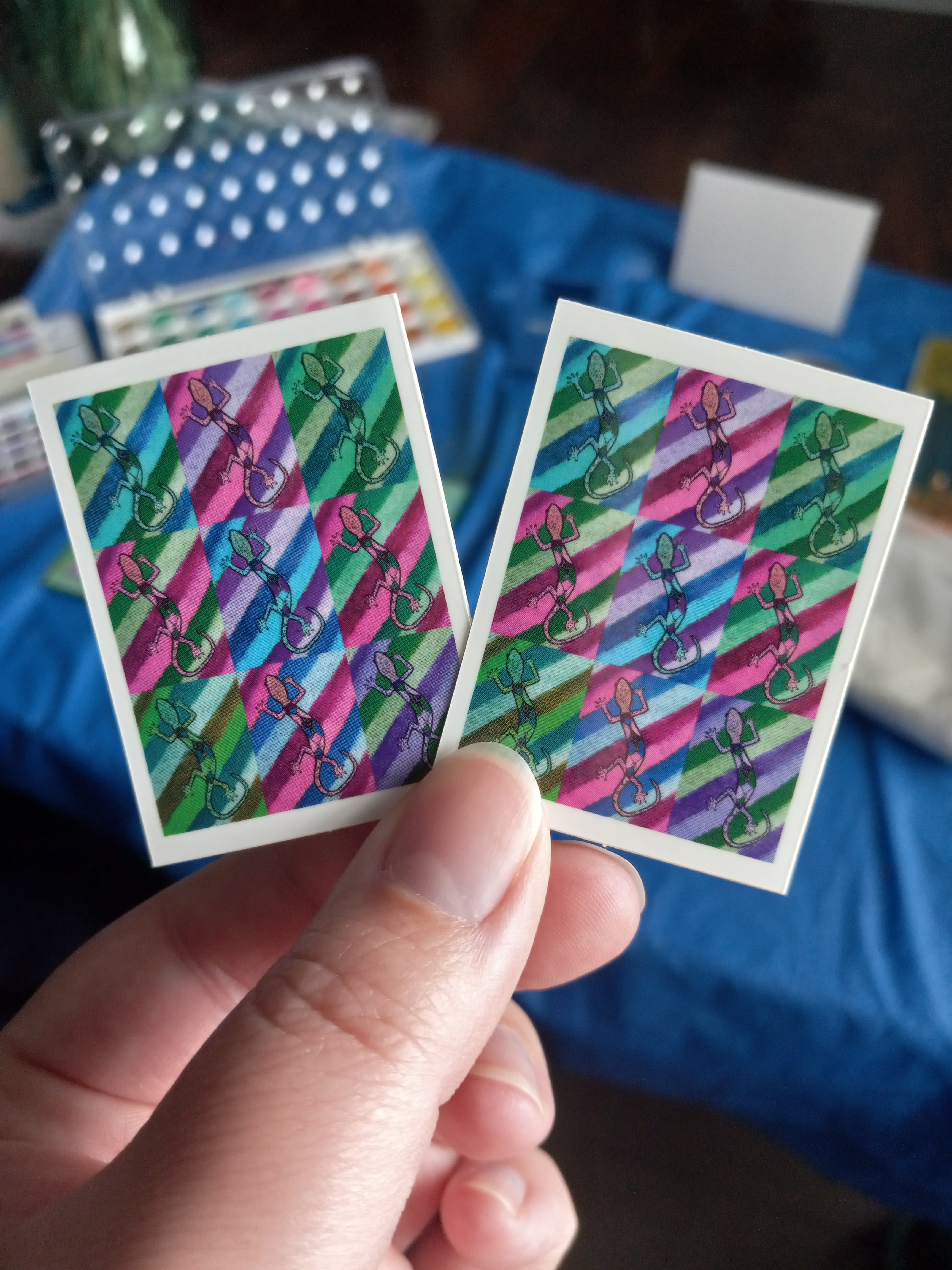 Two stickers with a collage of gecko pop art